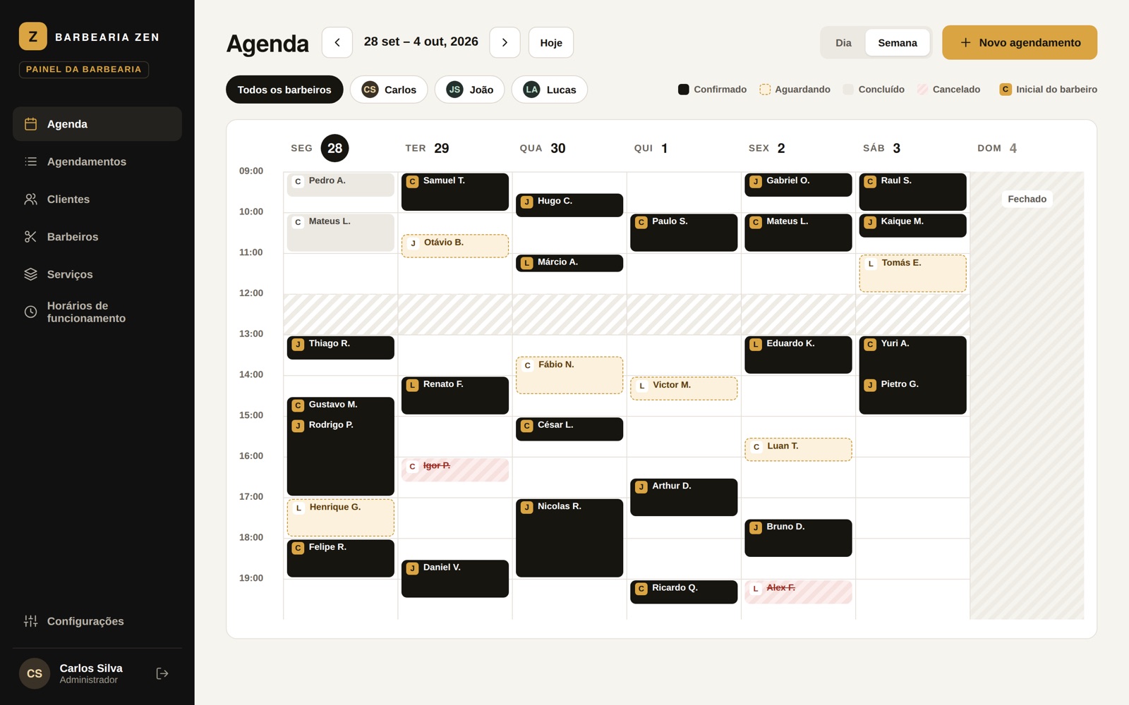 Painel da barbearia com a agenda da semana, com horários confirmados, aguardando e cancelados.