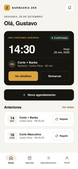 Aplicativo do cliente no celular, com o próximo horário marcado e o botão de novo agendamento.